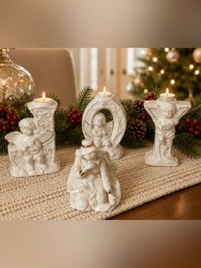 Vintage Angel Cherubs JOY Candle Holders Nativity Christmas Porcelain Gold Trim